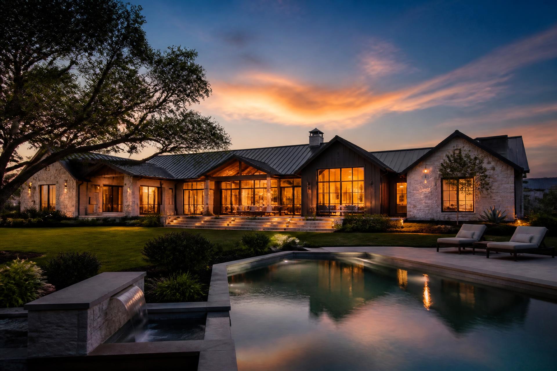 A luxury home at dusk with warm interior lights glowing